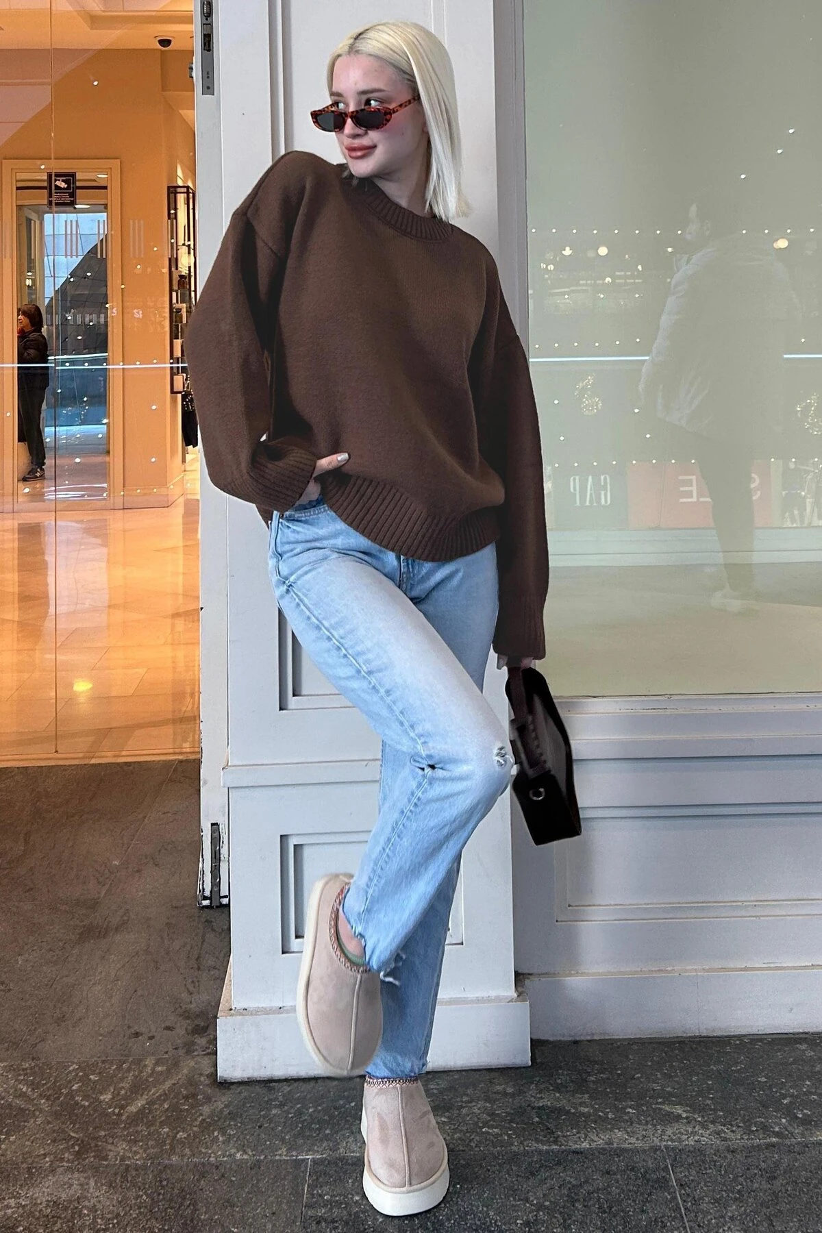 Antrasit Bisiklet Yaka Oversize Triko Kazak - Kahverengi