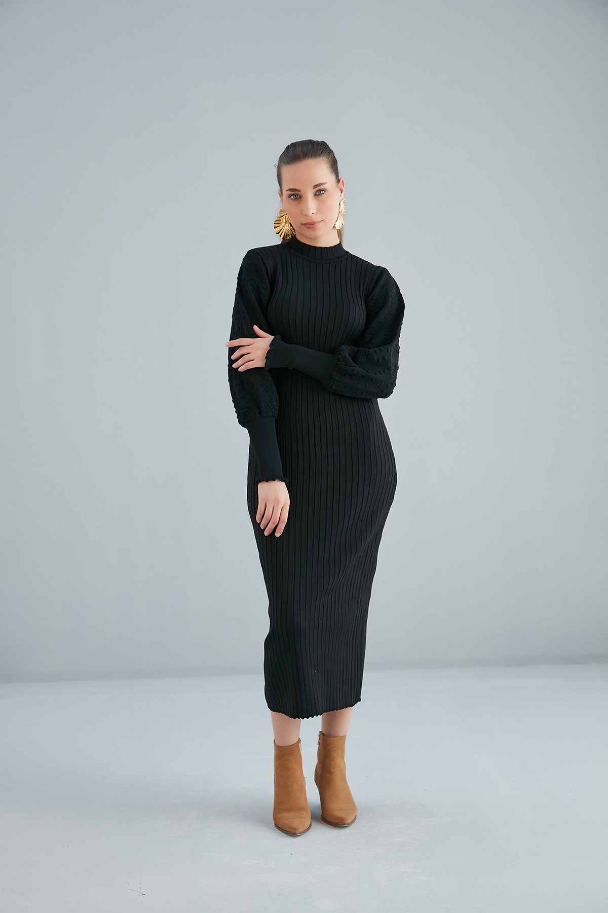 Nohut Detaylı Triko Elbise - Siyah
