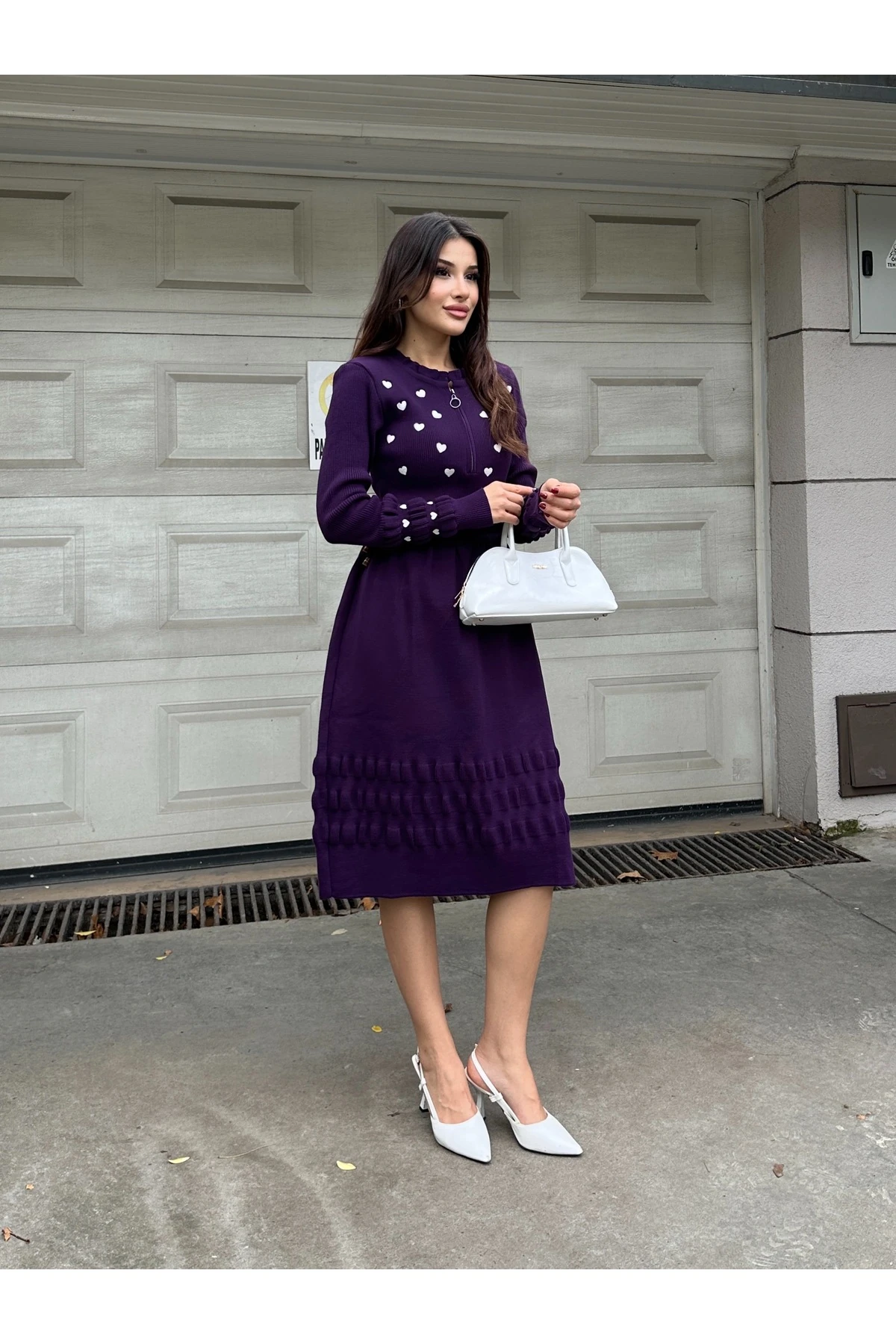 Kalp Nakışlı Şık Triko Elbise - Mor