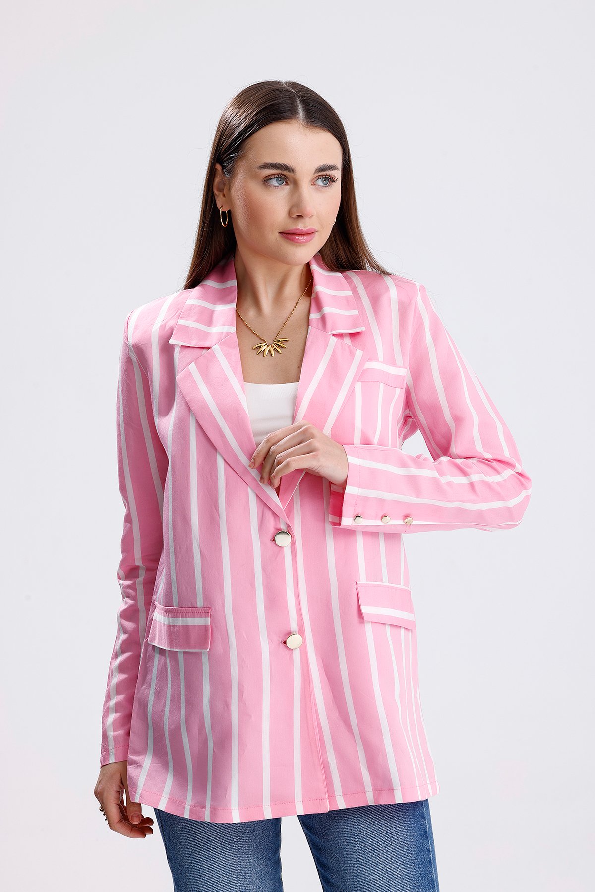 Modal Yazlık Çizgili Ceket - Pembe