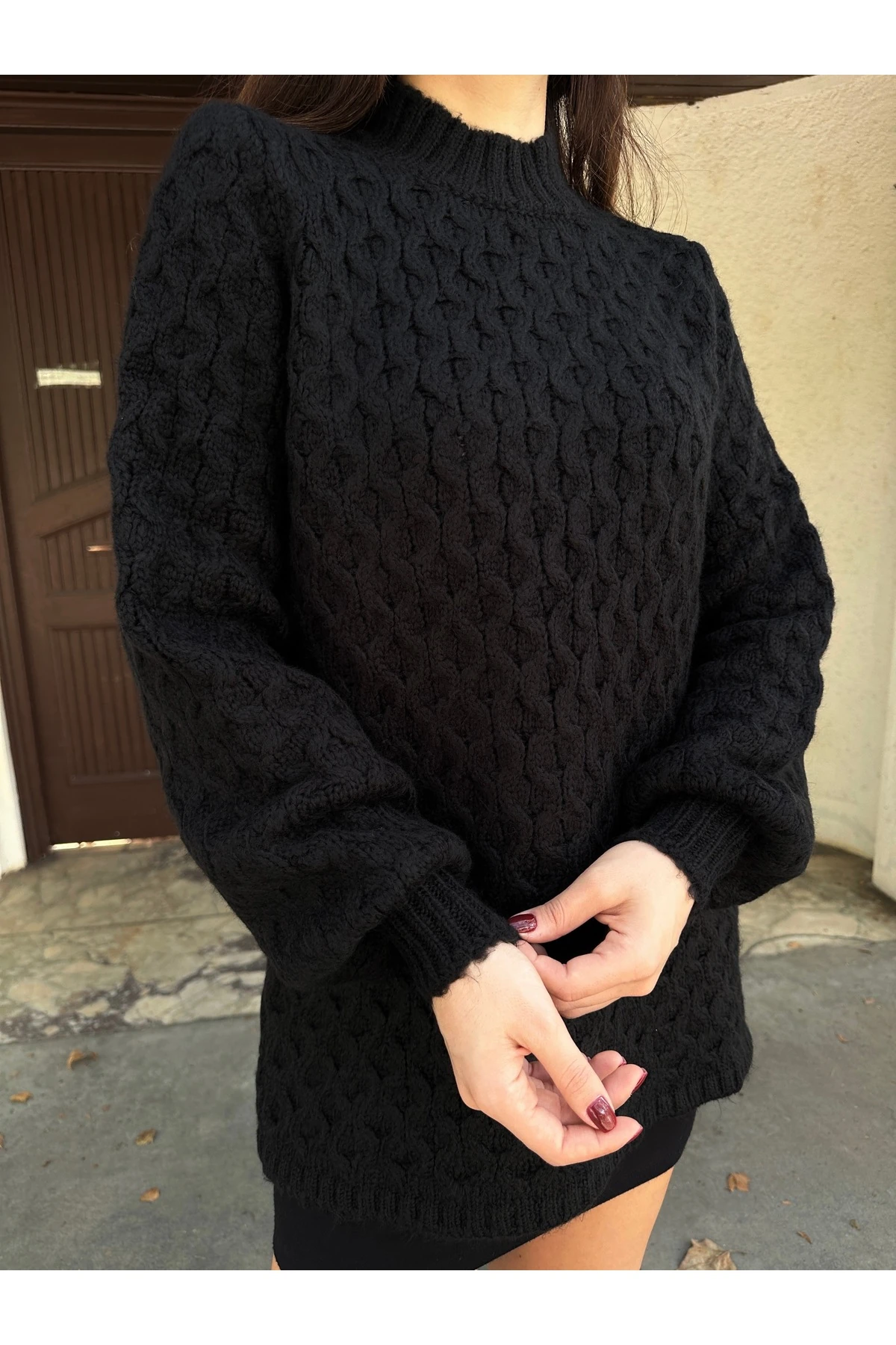 Bisiklet Yaka Dokulu Triko Tunik - Siyah