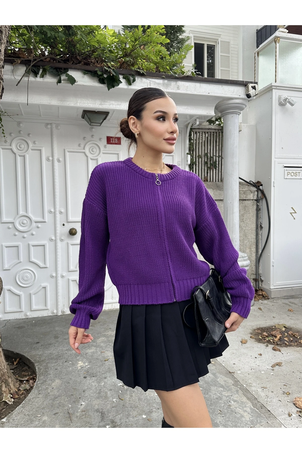 Kadın Fermuarlı Triko Hırka - Mor