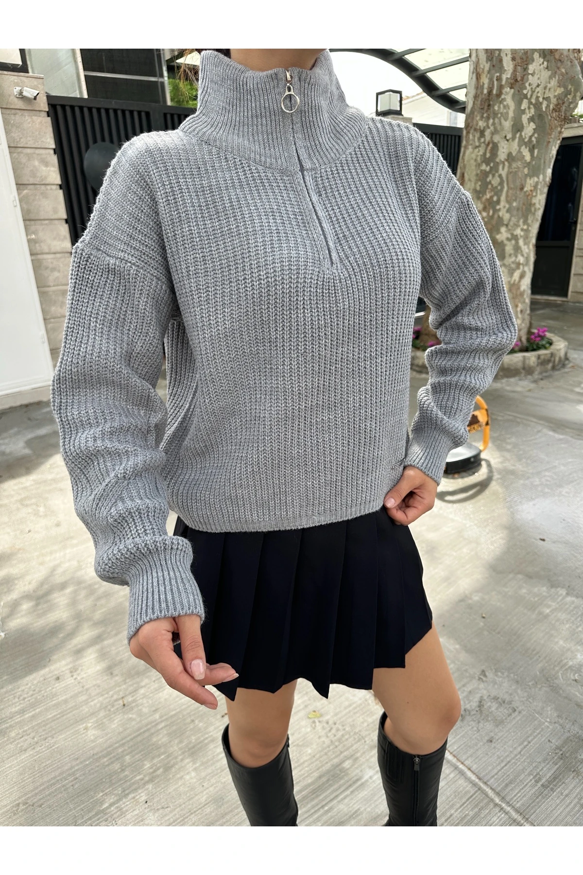 Fermuarlı Triko Kazak - Gri