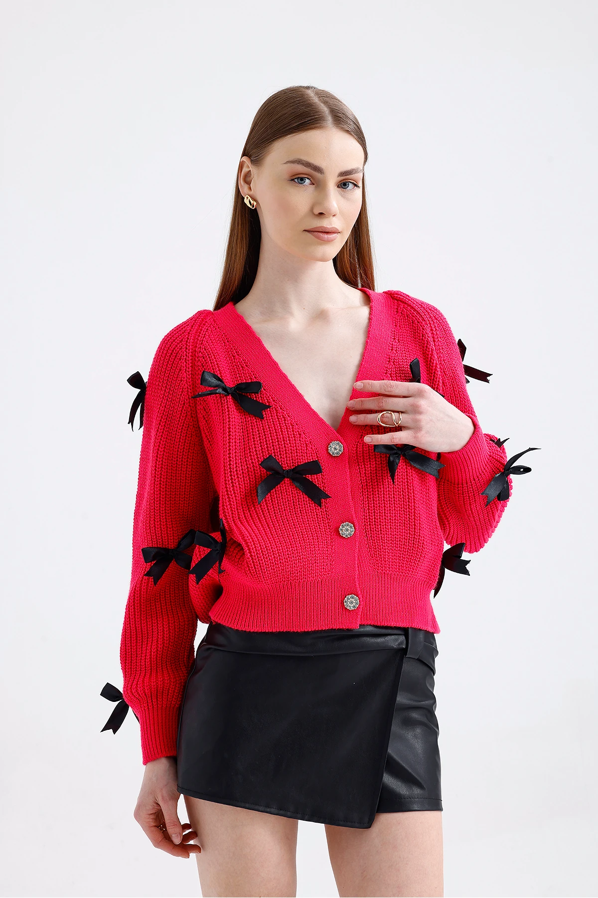 Fiyonklu Triko Hırka - Fuşya