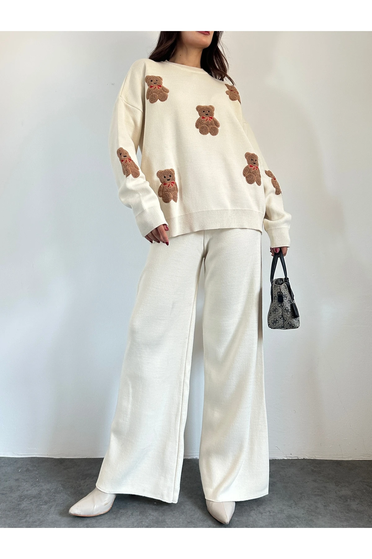 Ayıcıklı Triko Takım - Krem