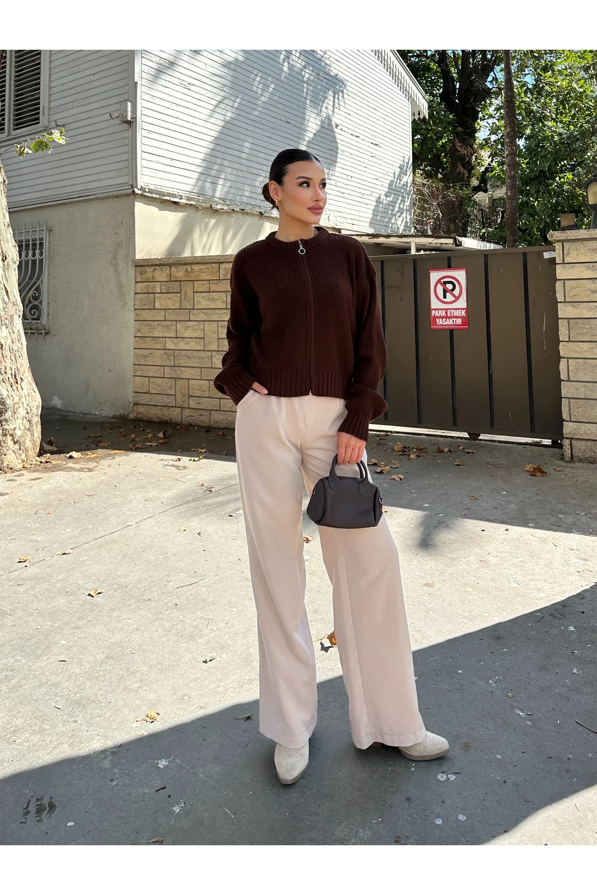 Kadın Fermuarlı Triko Hırka - Kahverengi