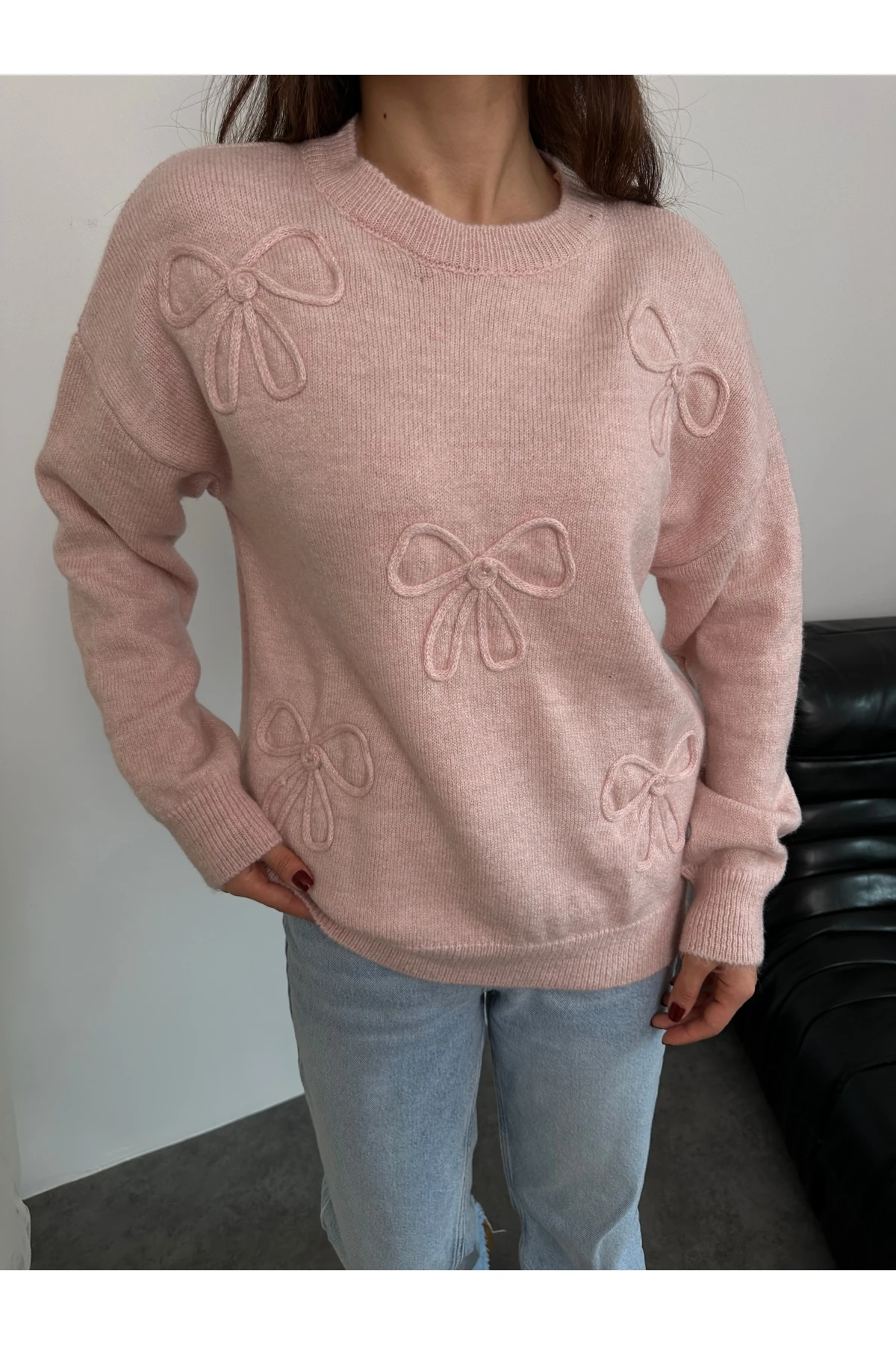 Fiyonk Süzeneli Kadın Triko Kazak - Pudra