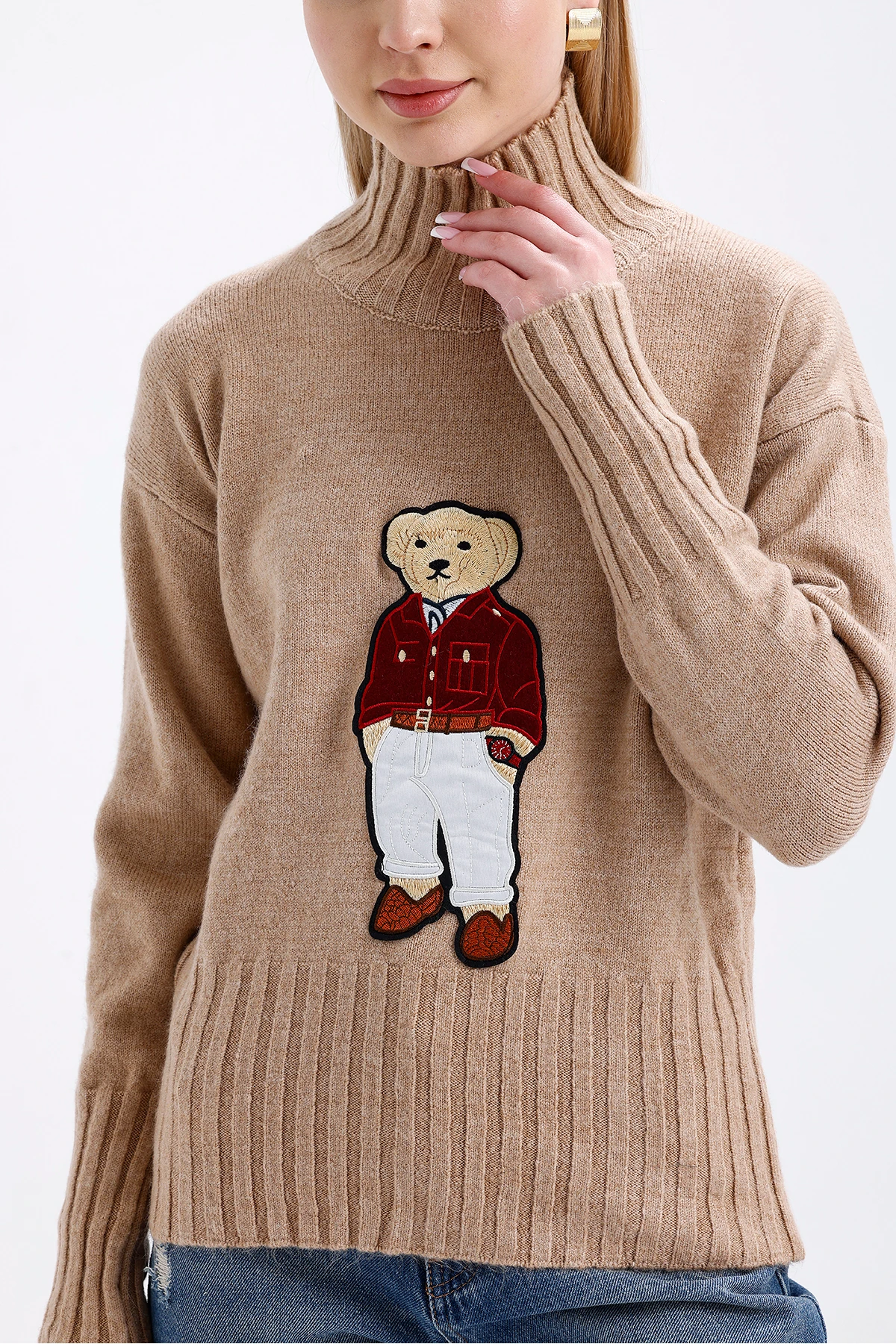 Balıkçı Yaka Ayıcıklı Triko Kazak