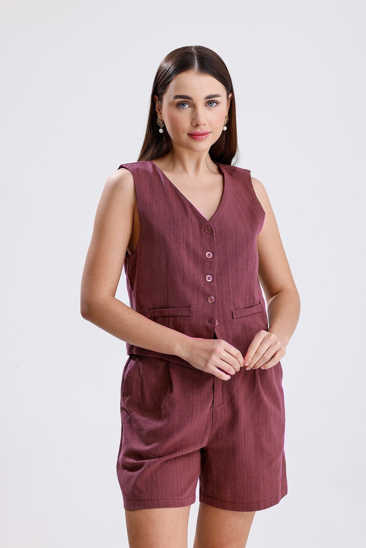 Keten Şortlu Takım - Bordo