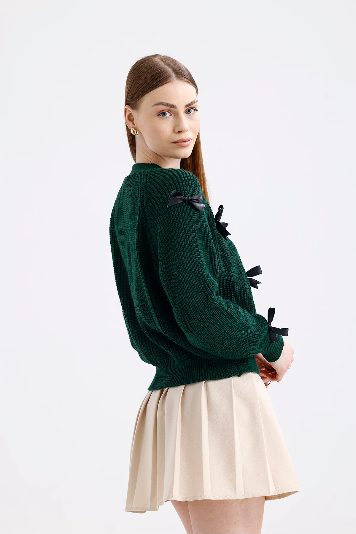 Fiyonklu Triko Hırka - Zümrüt