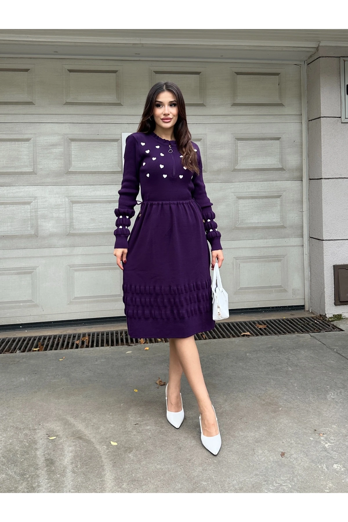 Kalp Nakışlı Şık Triko Elbise - Mor