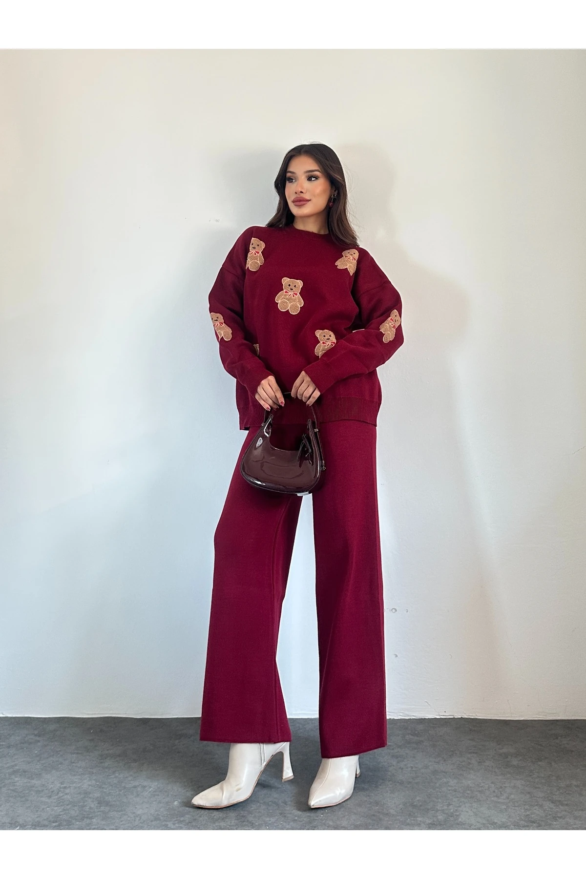 Ayıcıklı Triko Takım - Bordo