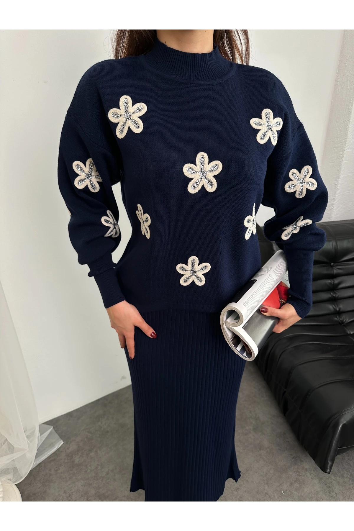 Papatya Desen Triko Takım - Lacivert