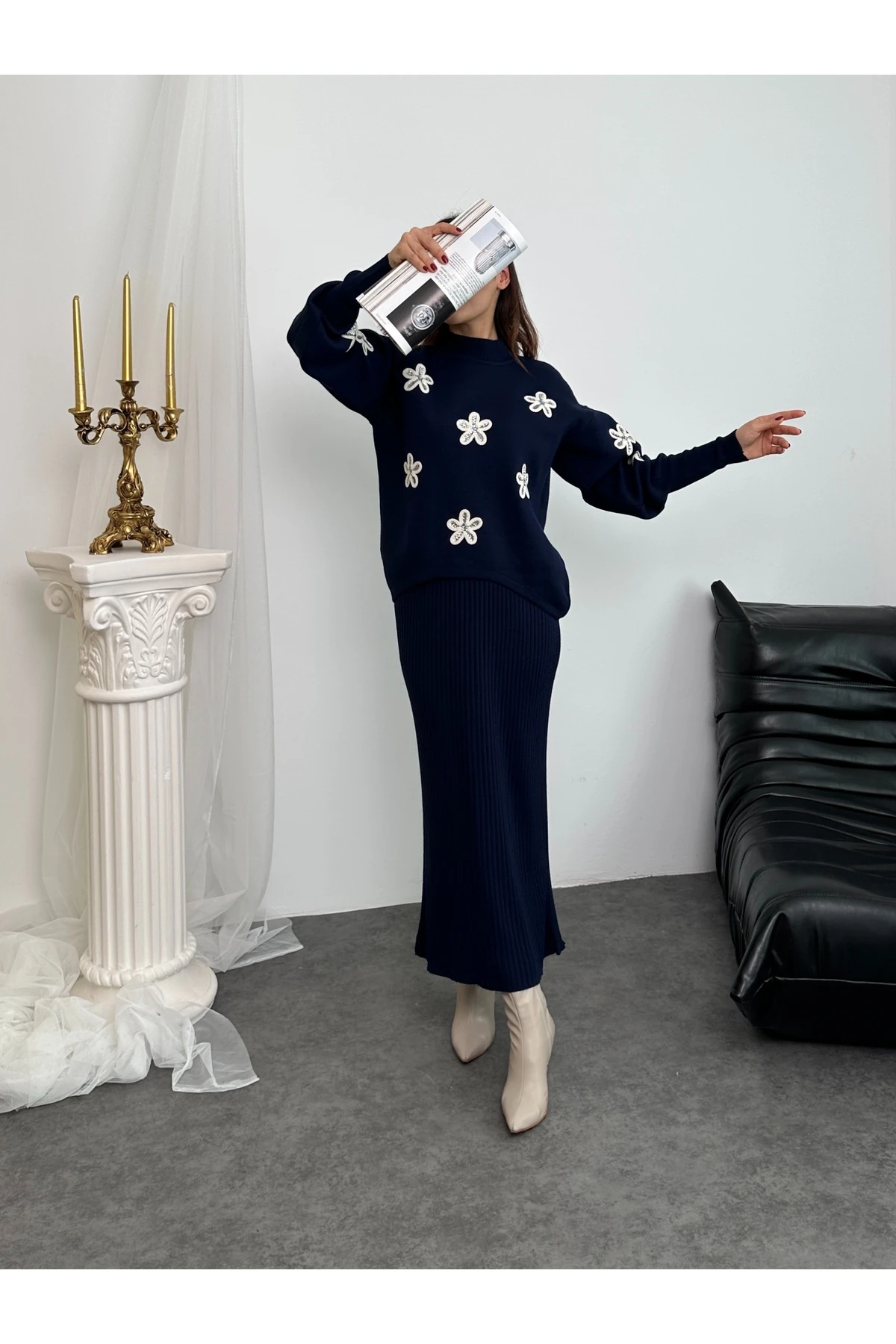 Papatya Desen Triko Takım - Lacivert