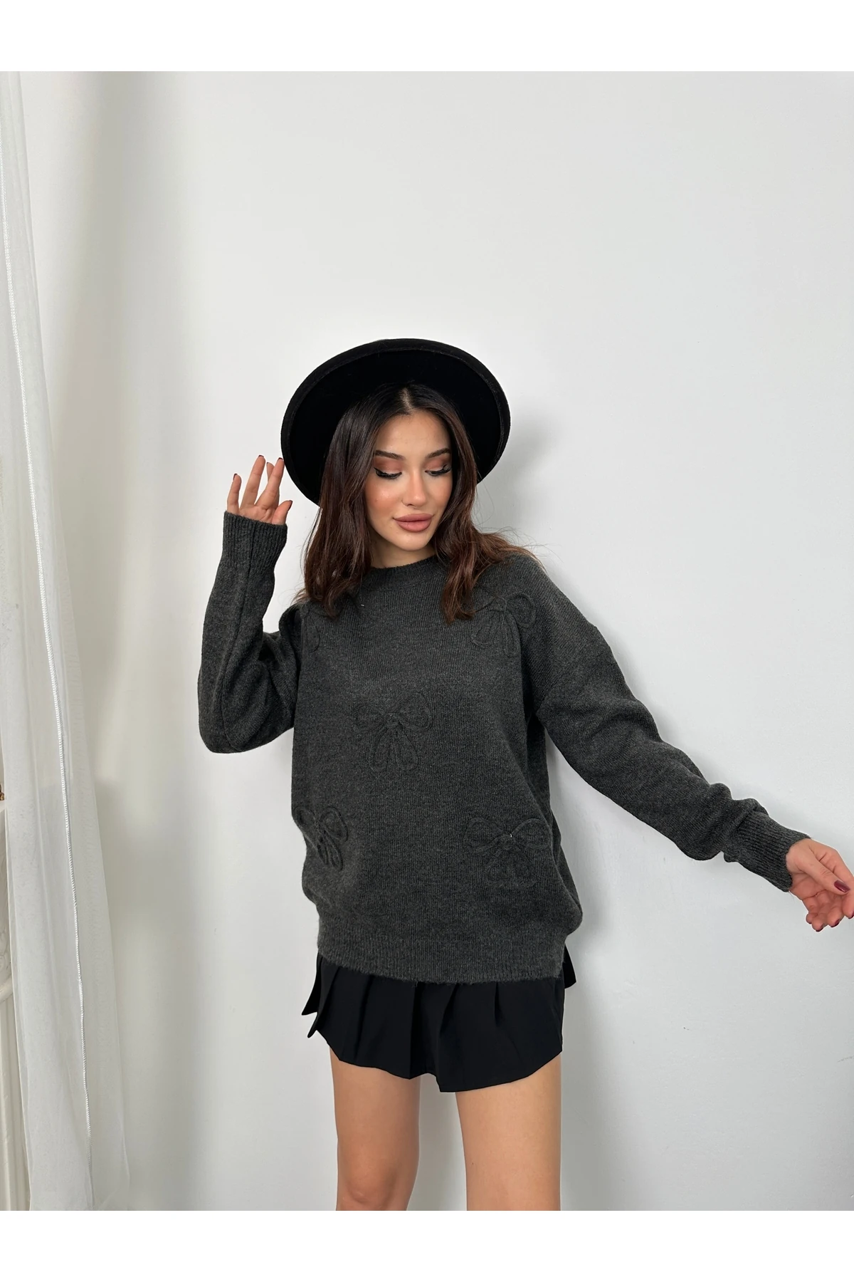 Fiyonk Süzeneli Kadın Triko Kazak - Antrasit