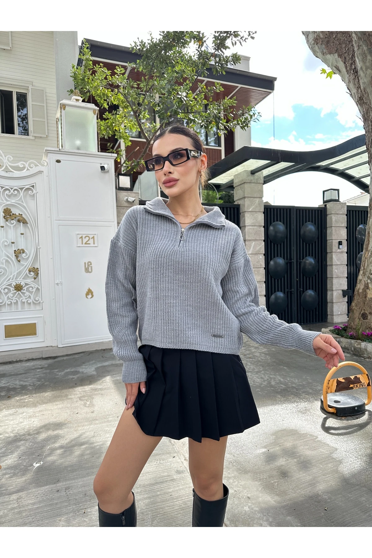 Fermuarlı Triko Kazak - Gri