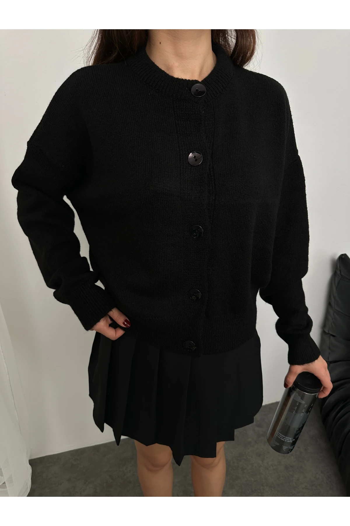 Basic Düğmeli Antrasit Triko Hırka - Siyah