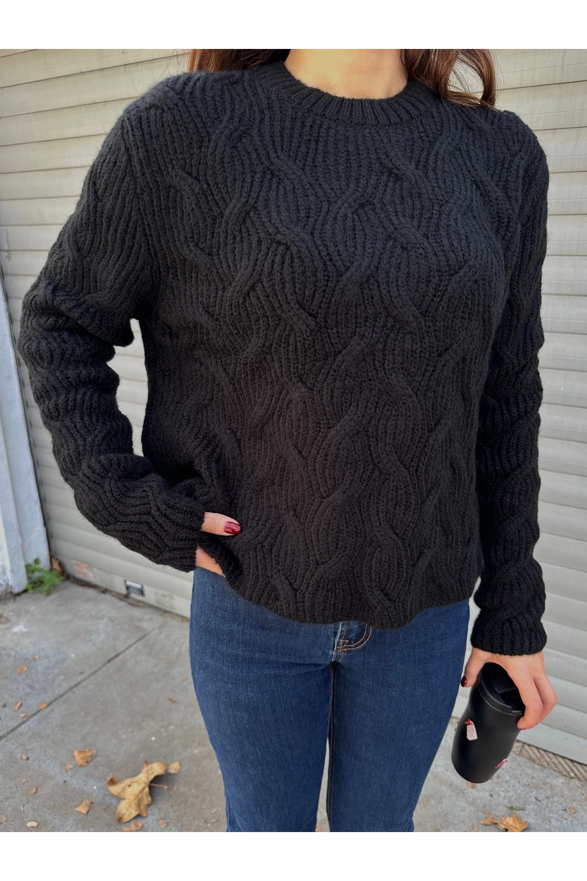 Bisiklet Yaka Dokulu Triko Kazak - Siyah