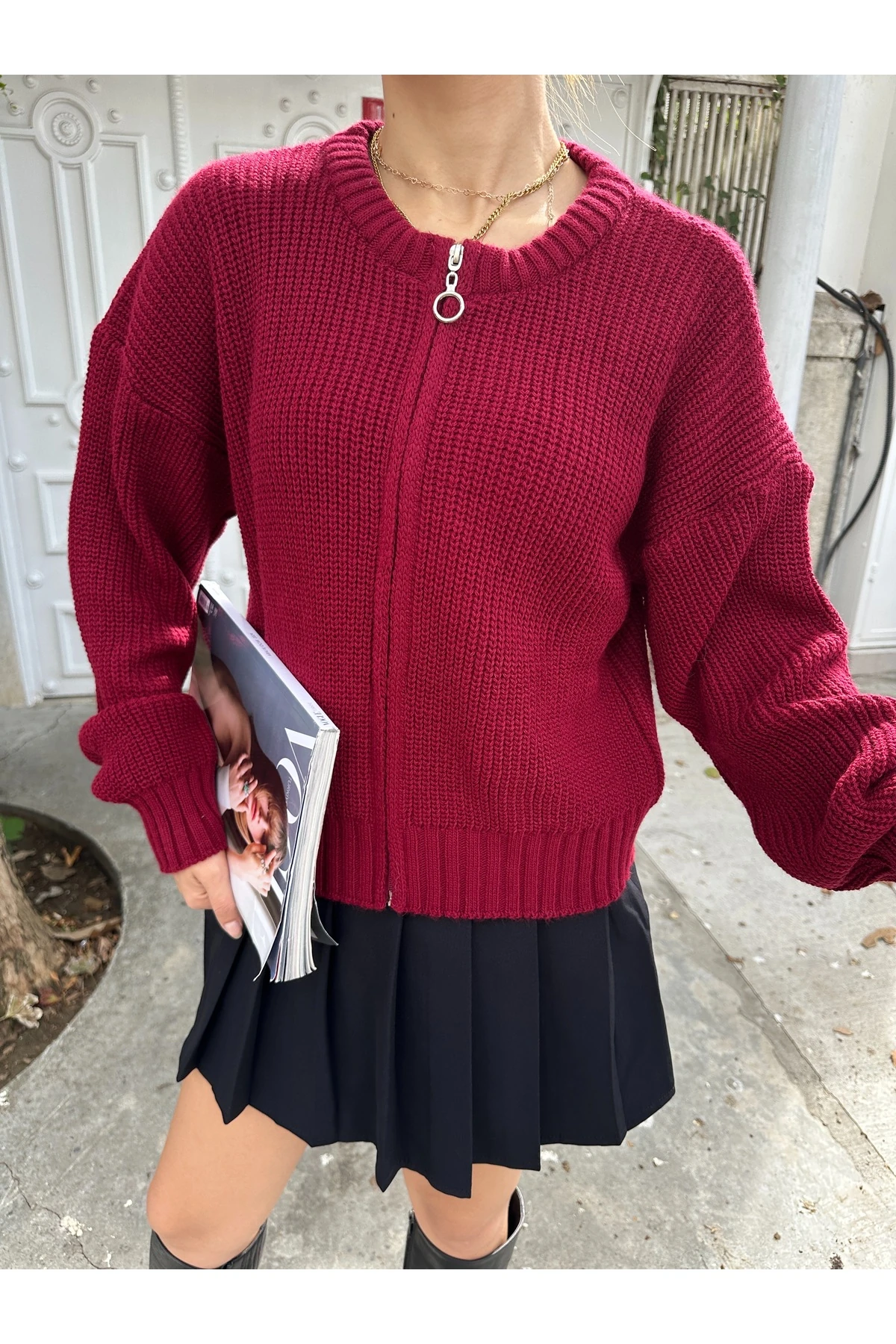 Kadın Fermuarlı Triko Hırka - Bordo
