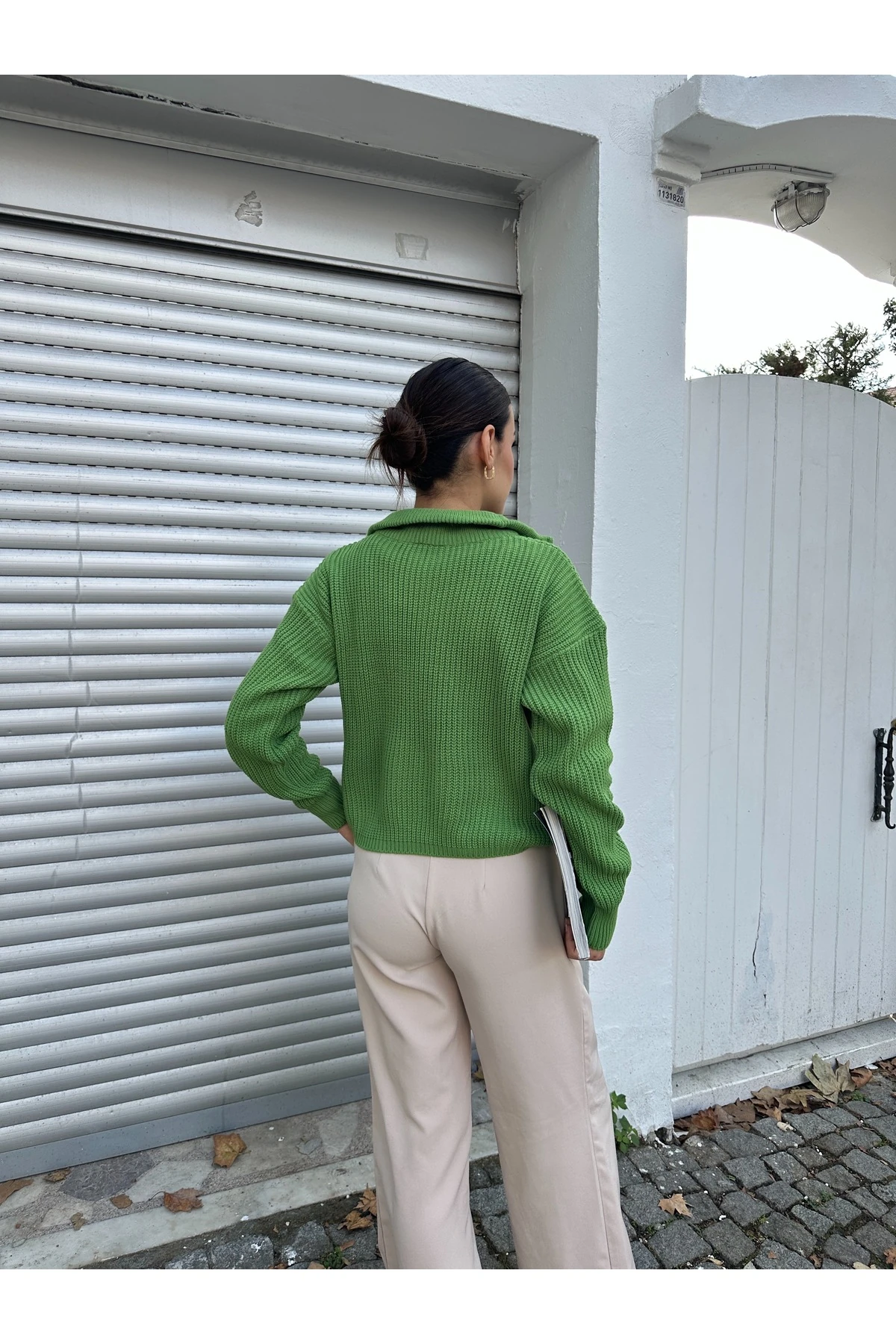 Fermuarlı Triko Kazak - Yeşil