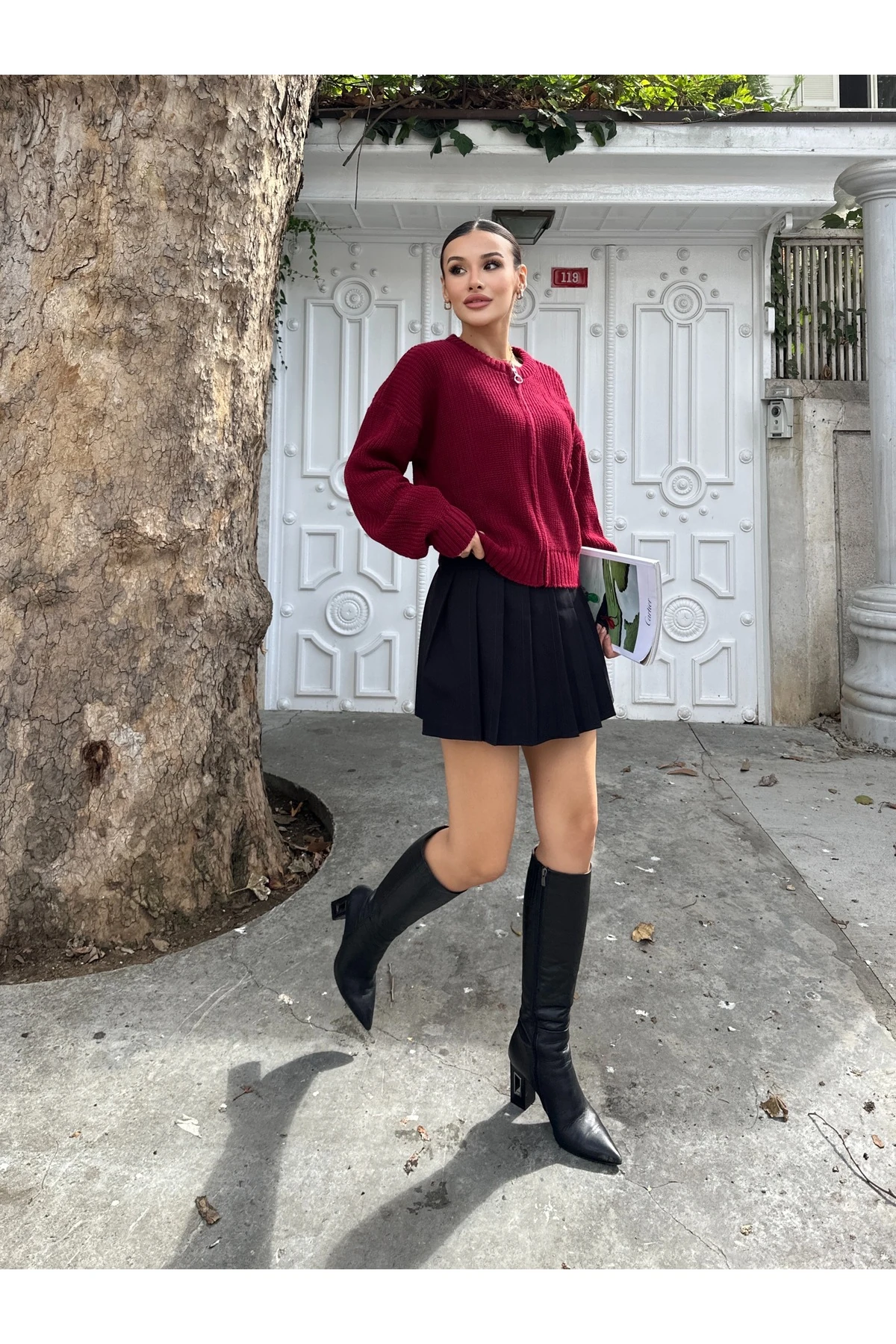 Kadın Fermuarlı Triko Hırka - Bordo