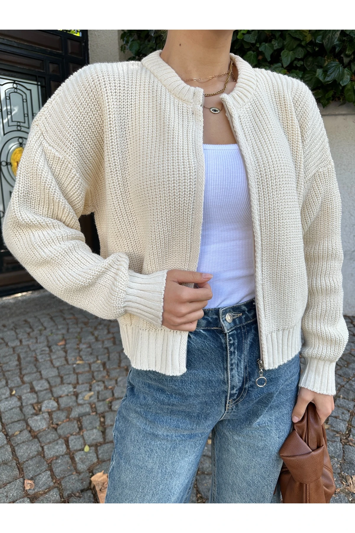 Kadın Fermuarlı Triko Hırka - Krem