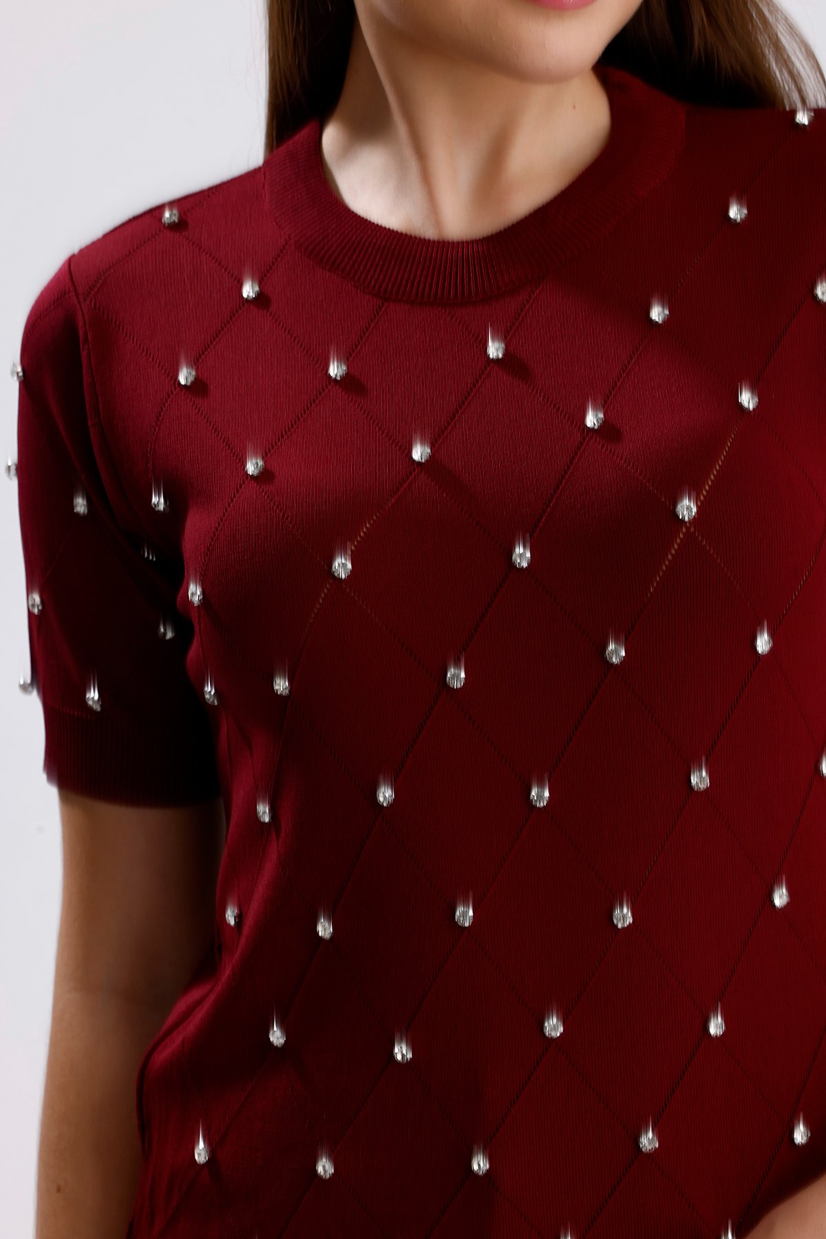 Taşlı T-shirt - Bordo