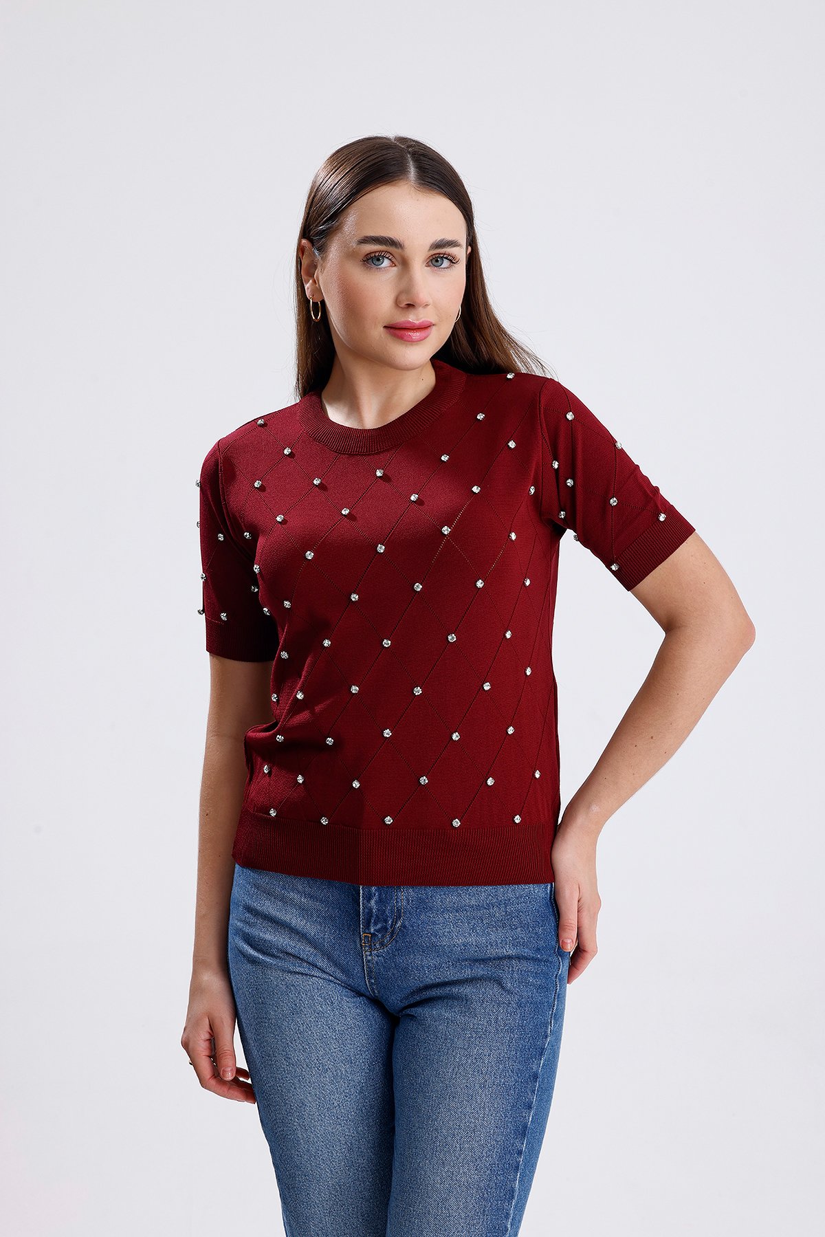 Taşlı T-shirt - Bordo