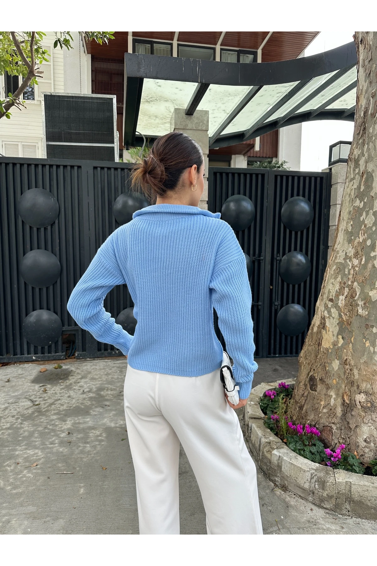 Fermuarlı Triko Kazak - Mavi