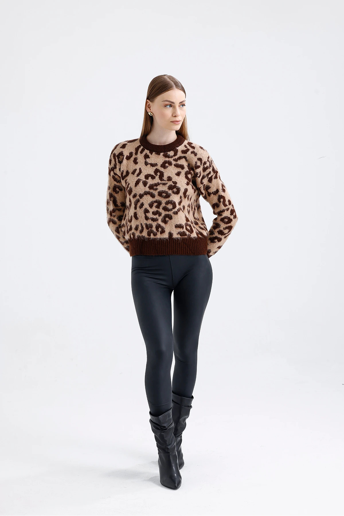 Leopar Desen Triko Kazak - Kahverengi