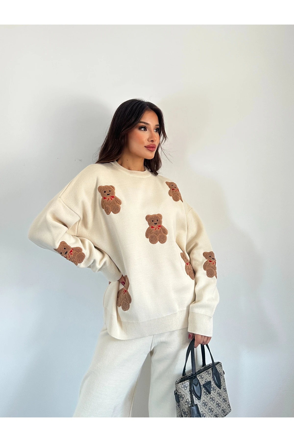 Ayıcıklı Triko Takım - Krem