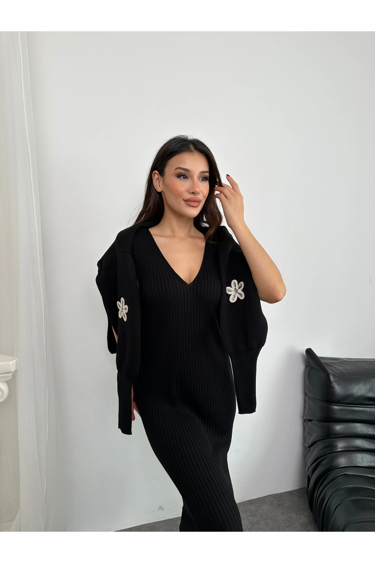 Papatya Desen Triko Takım - Siyah