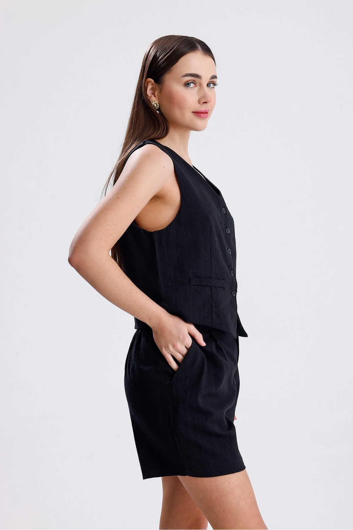 Keten Şortlu Takım - Siyah