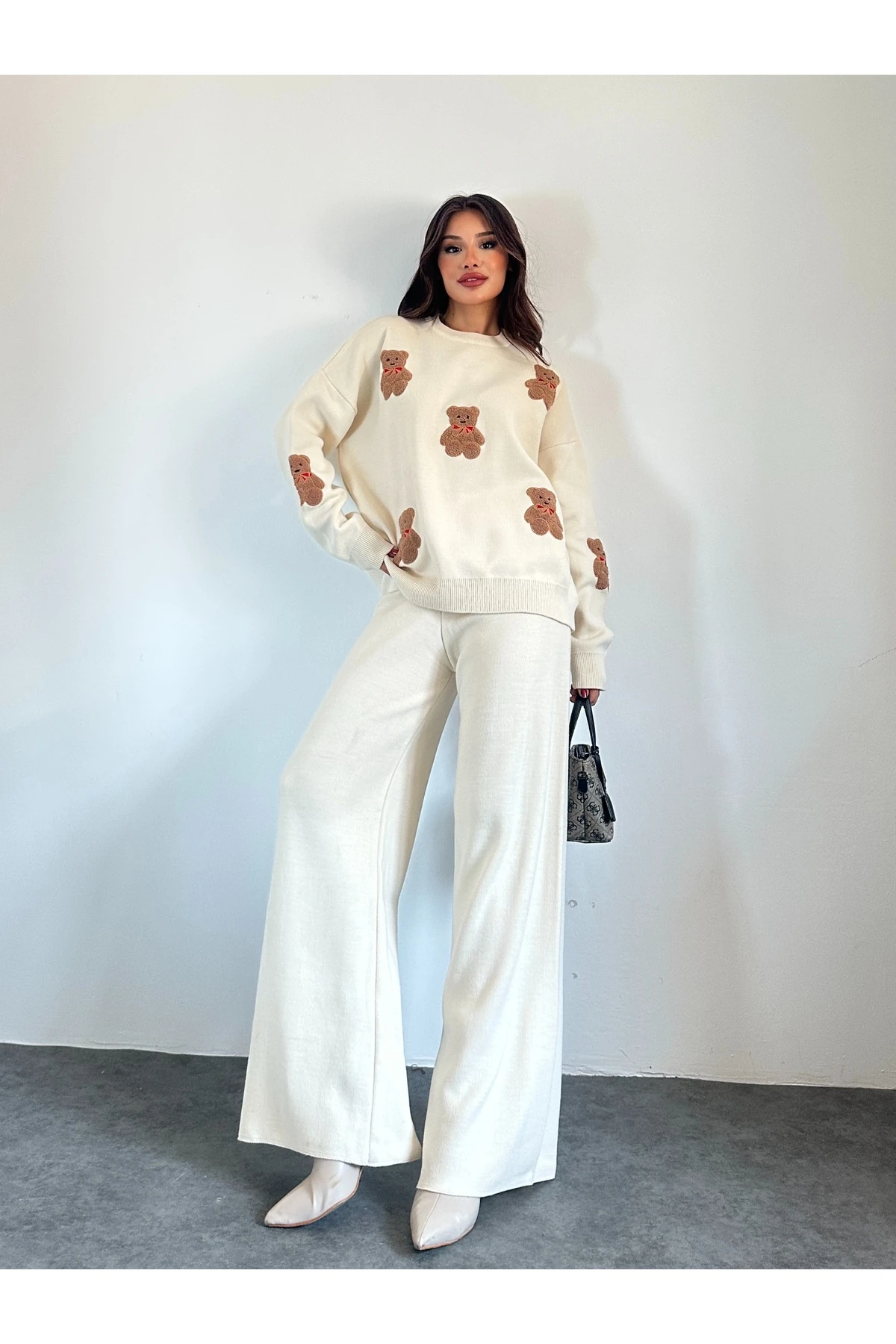 Ayıcıklı Triko Takım - Krem