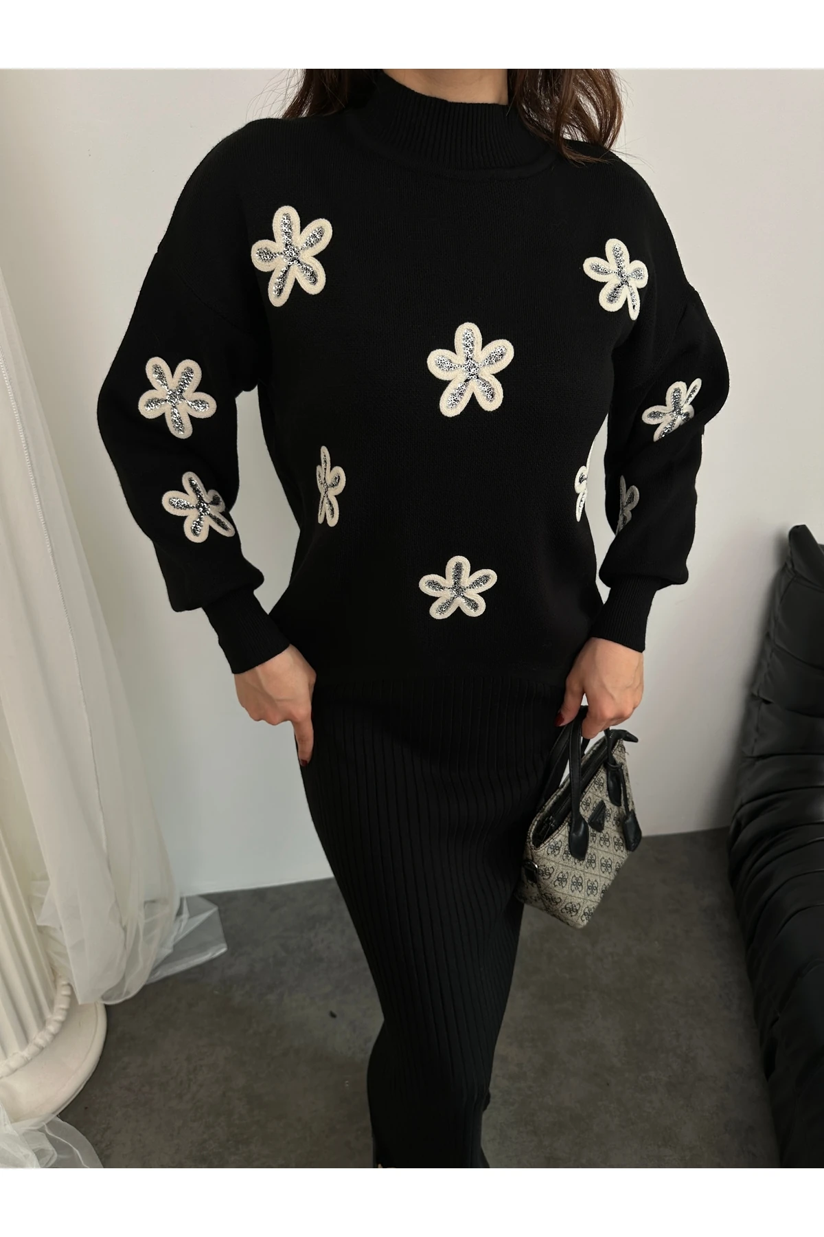 Papatya Desen Triko Takım - Siyah