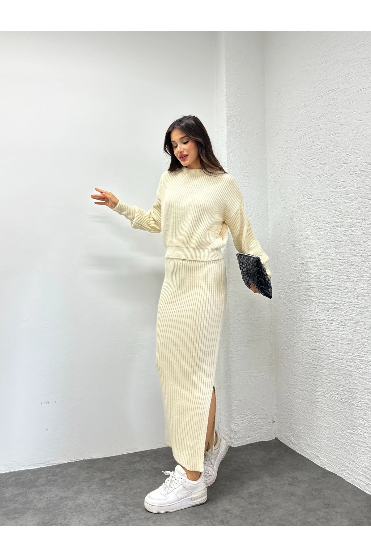 Selanik Örgü İkili Takım - Krem