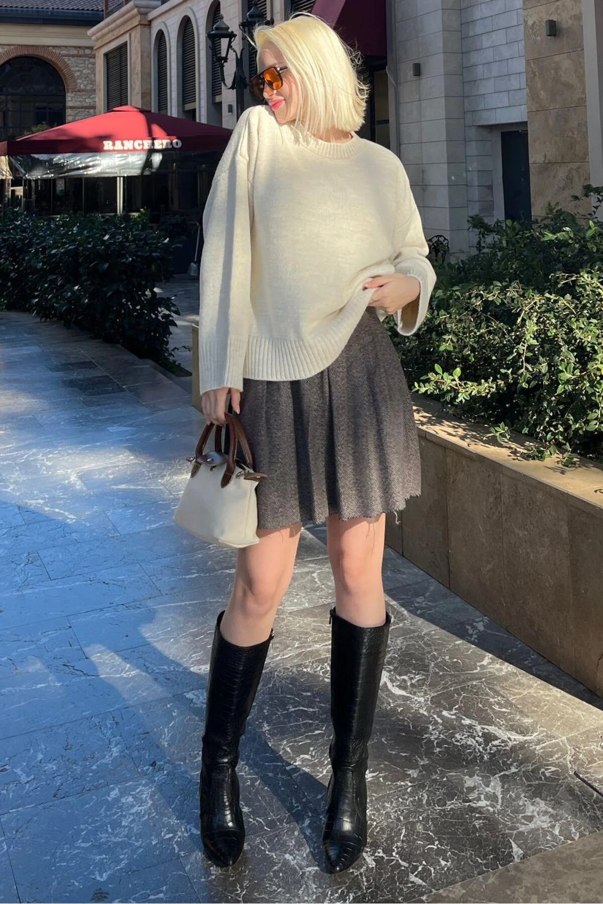 Antrasit Bisiklet Yaka Oversize Triko Kazak - Ekru