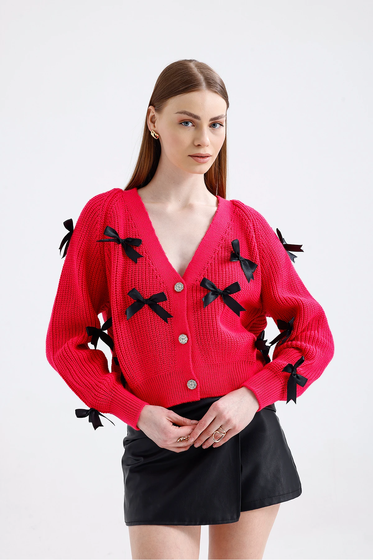 Fiyonklu Triko Hırka - Fuşya