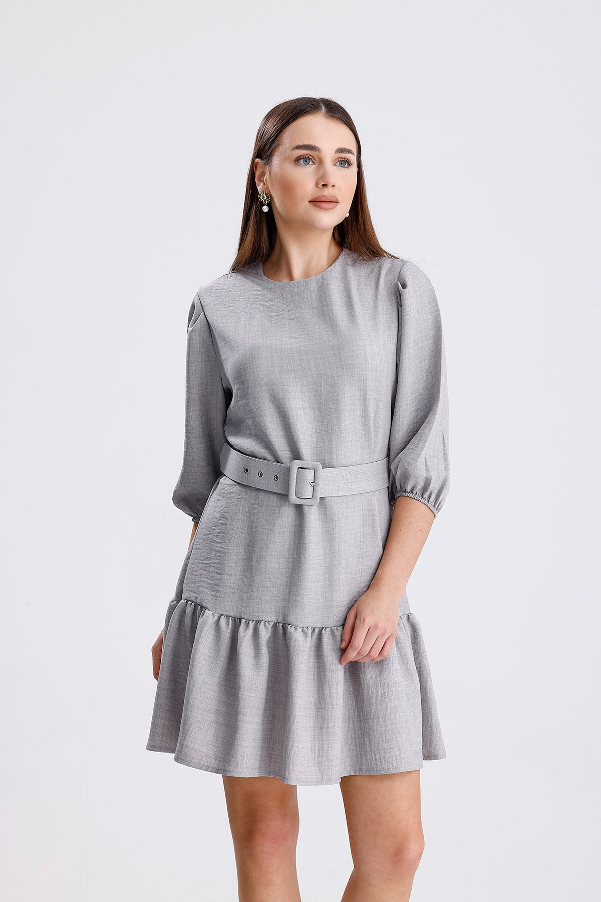 Kemerli Mini Elbise - Gri