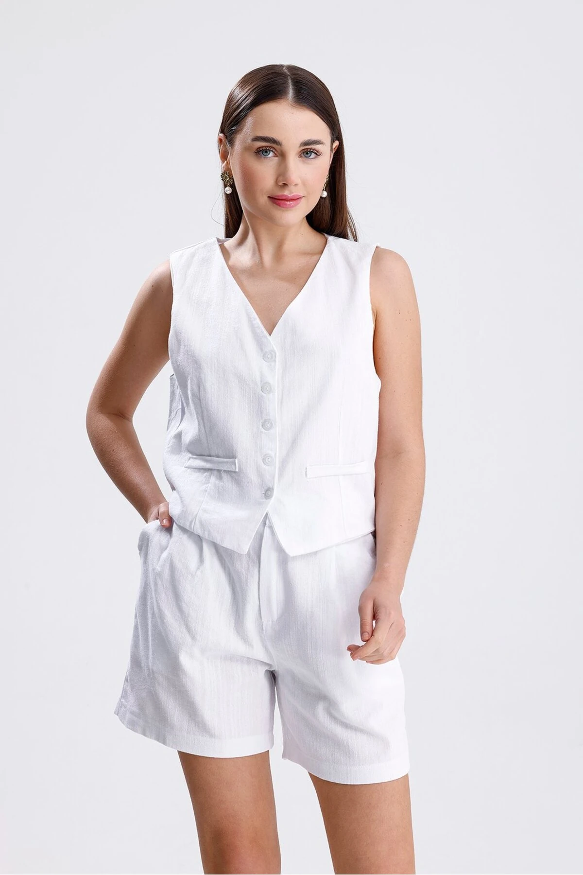 Keten Şortlu Takım - Beyaz