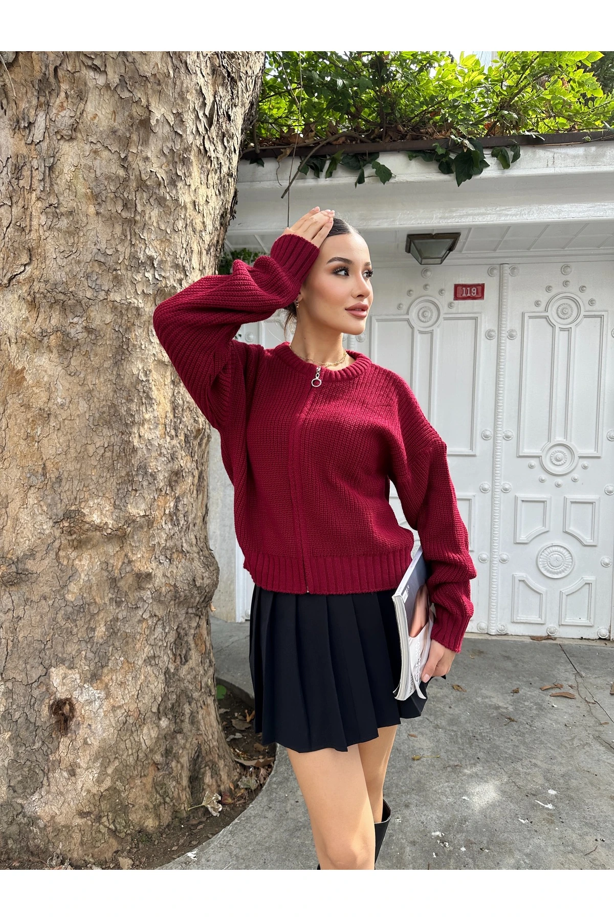 Kadın Fermuarlı Triko Hırka - Bordo