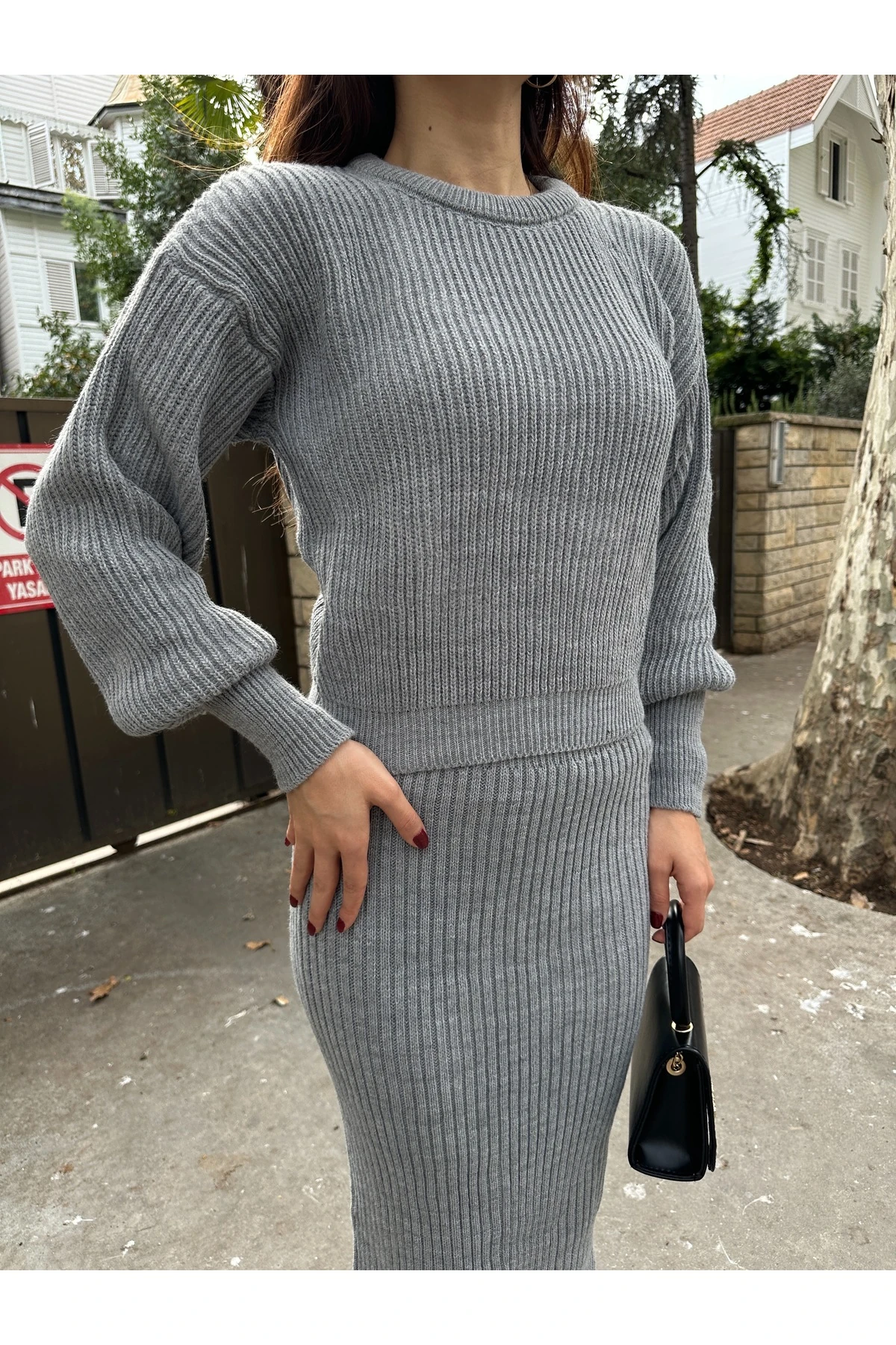 Selanik Örgü İkili Takım - Koyu Gri