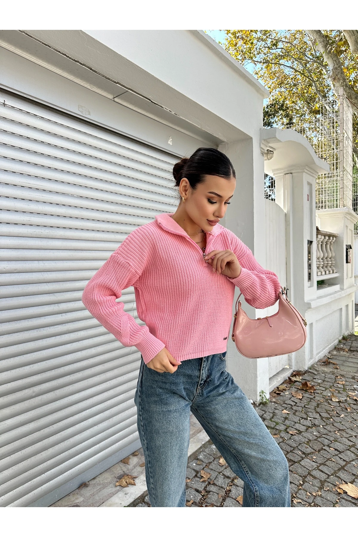 Fermuarlı Triko Kazak - Pembe