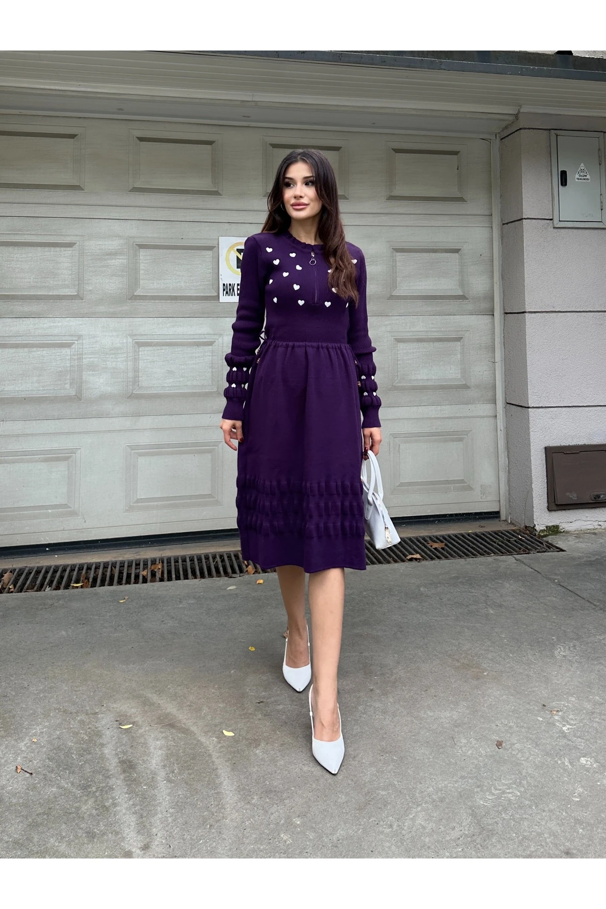 Kalp Nakışlı Şık Triko Elbise - Mor