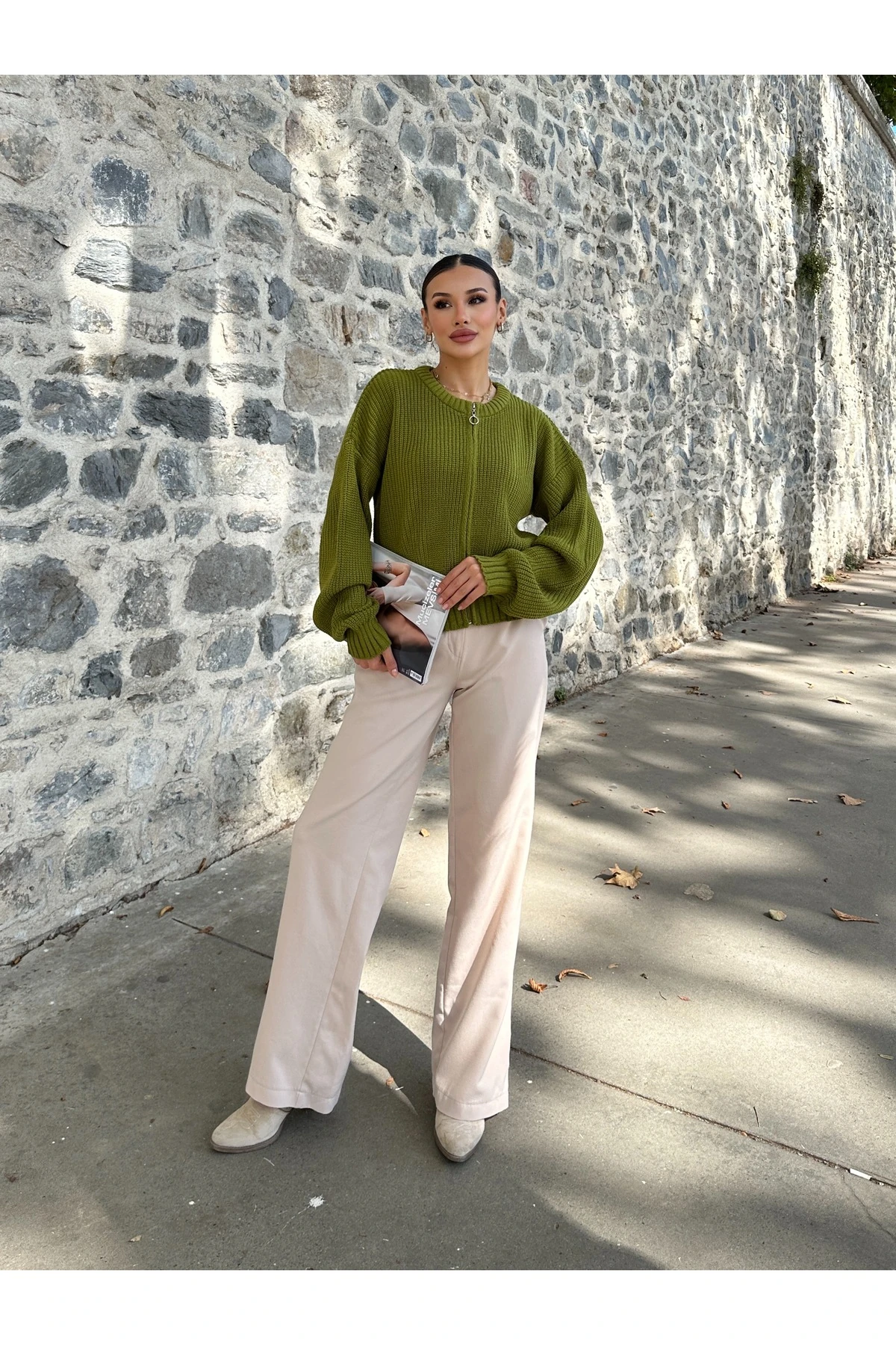 Kadın Fermuarlı Triko Hırka - yosun yeşili