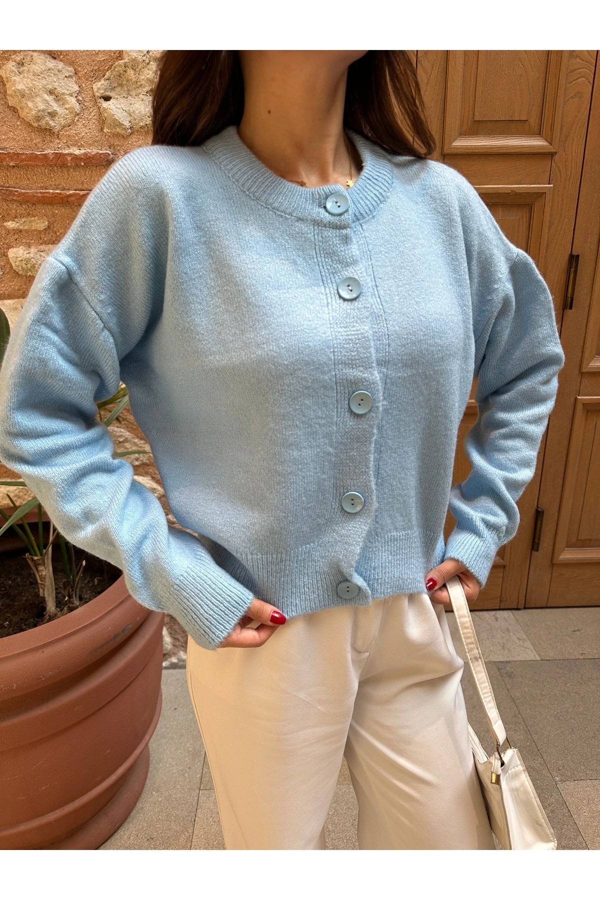 Basic Düğmeli Antrasit Triko Hırka - Bebe Mavisi