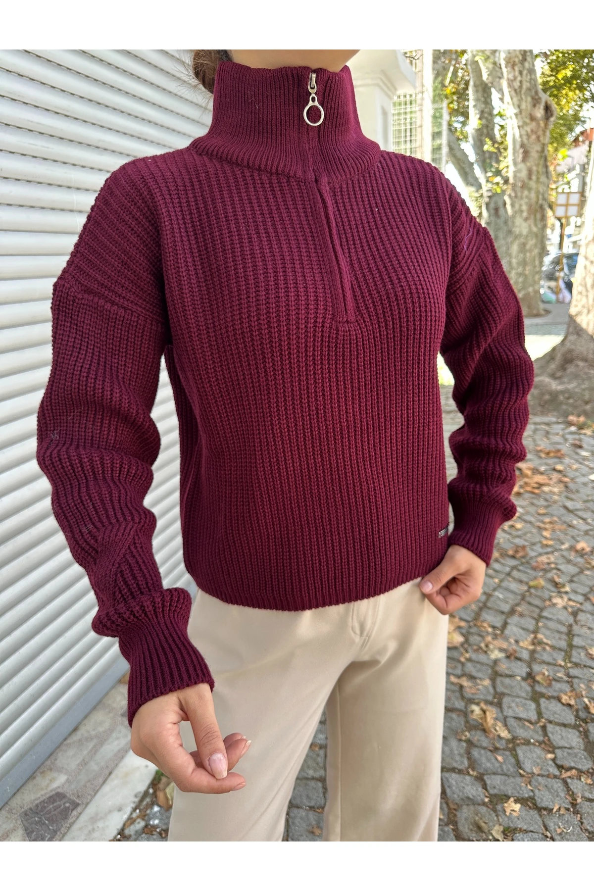 Fermuarlı Triko Kazak - Bordo