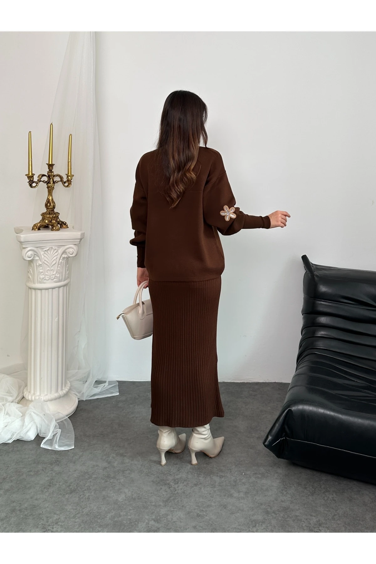 Papatya Desen Triko Takım - Kahverengi