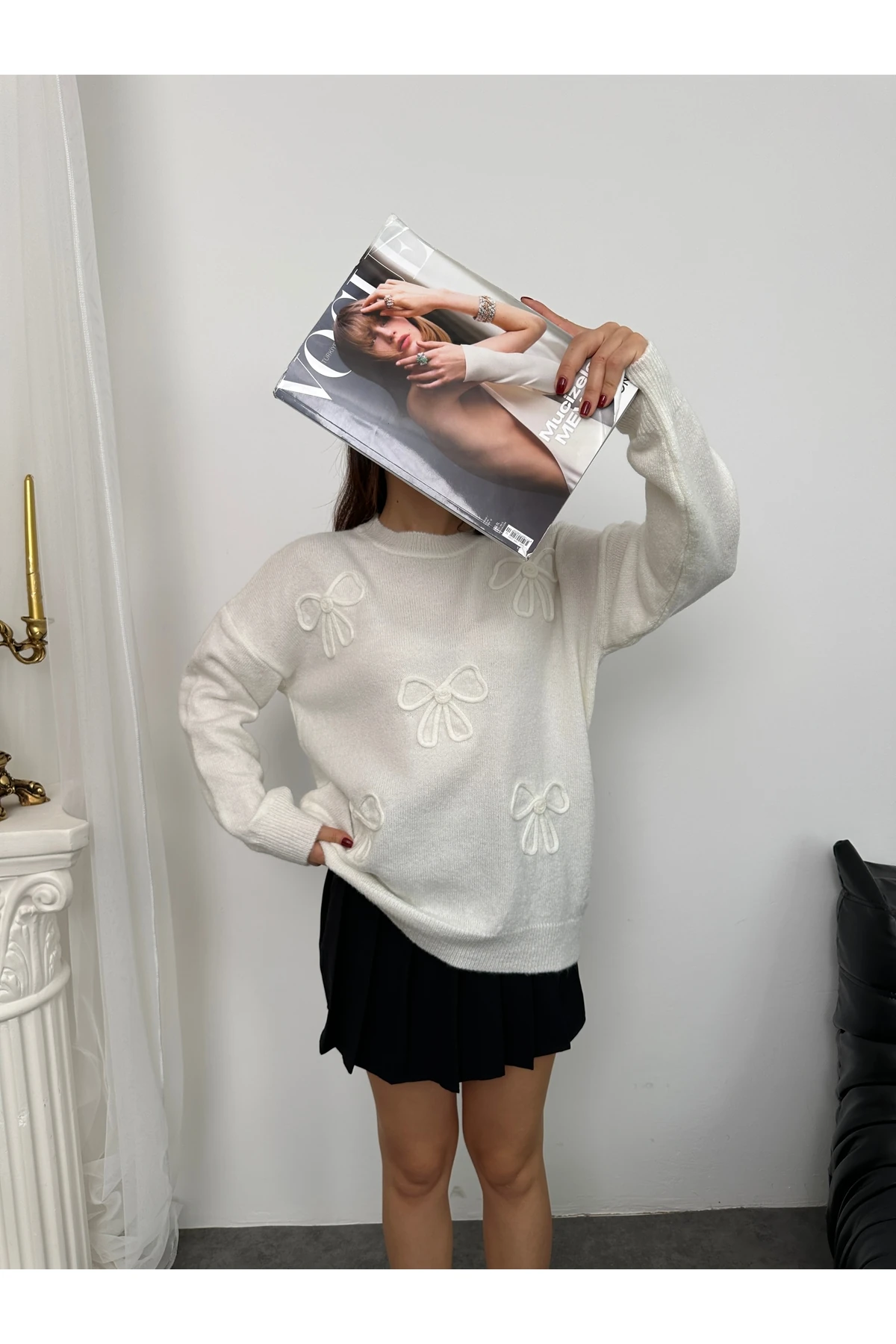 Fiyonk Süzeneli Kadın Triko Kazak - Beyaz