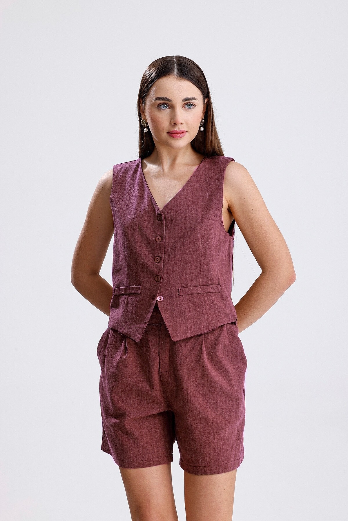 Keten Şortlu Takım - Bordo